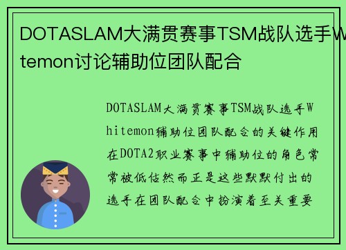 DOTASLAM大满贯赛事TSM战队选手Whitemon讨论辅助位团队配合